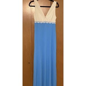 VIntage KAYSER LONG Floor LACE BLUE White NYLON NIGHTGOWN Lingerie Size 34 Small